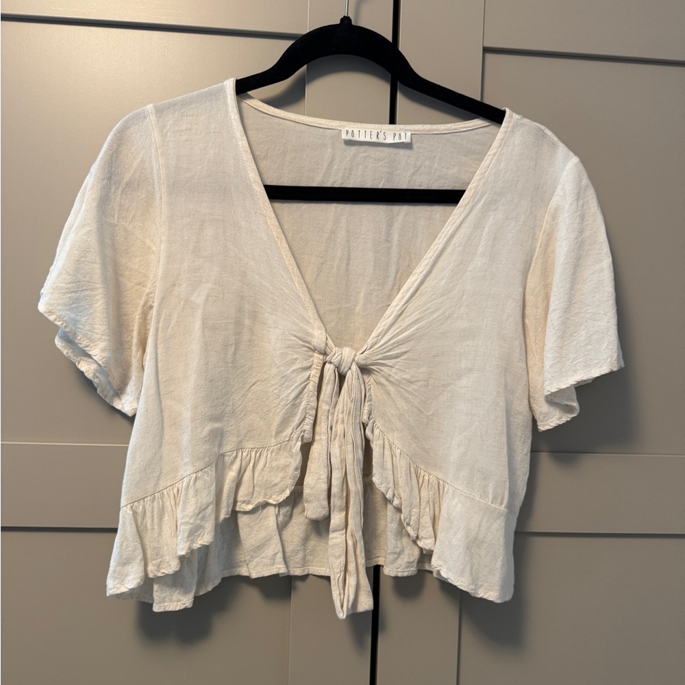 Cream Linen Textured Crop Shirt